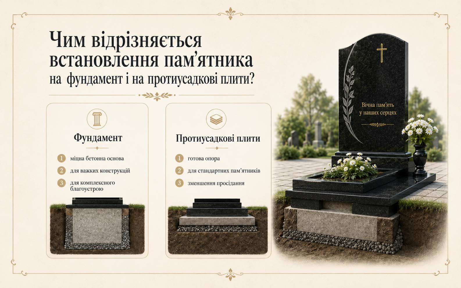 Чим відрізняється встановлення пам’ятника на фундамент і на протиусадкові плити?