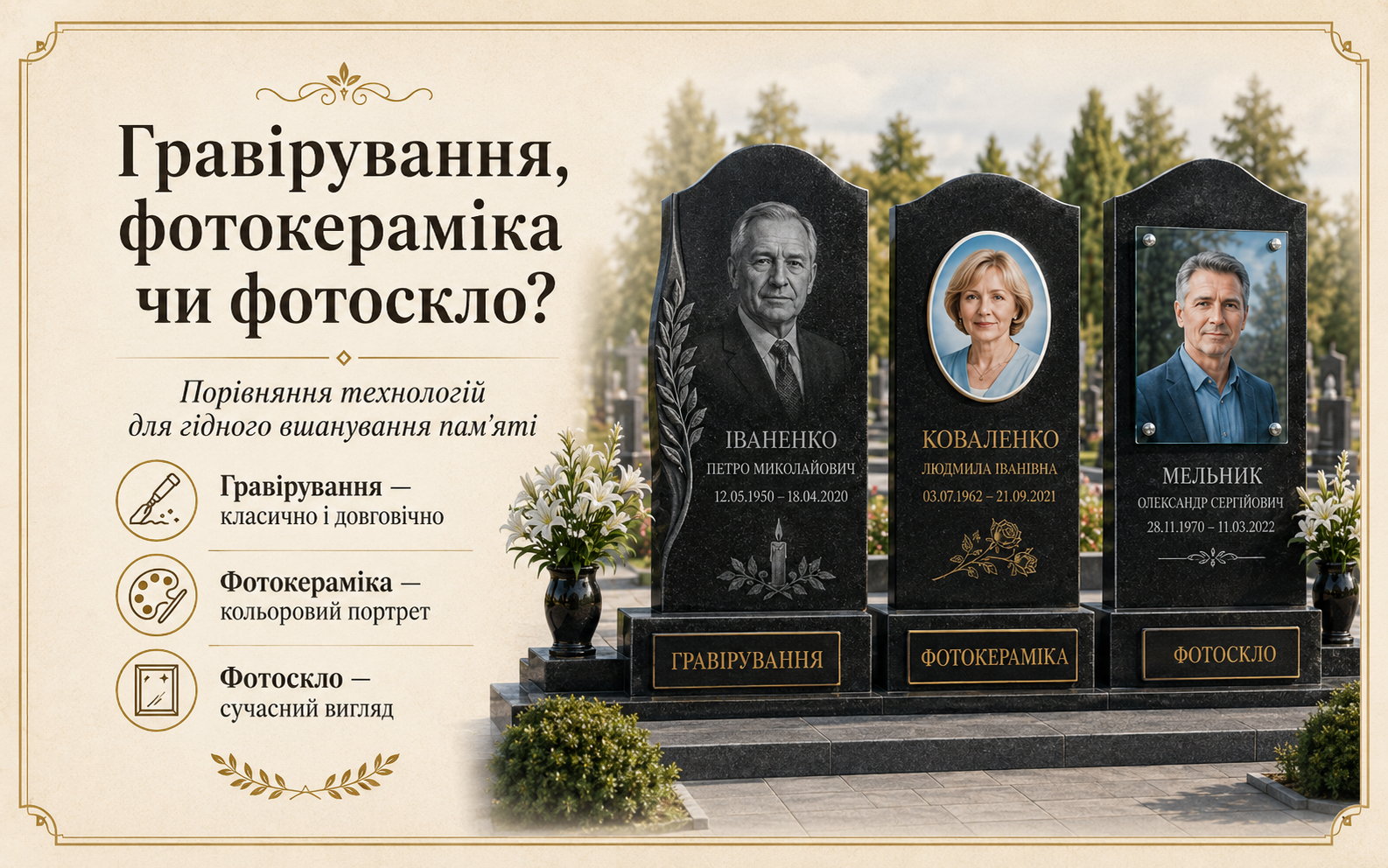 Гравірування, фотокераміка чи фотоскло: яку технологію нанесення портрета обрати для пам’ятника